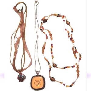 Lot of 3 orange brown bronze vintage fashion necklaces